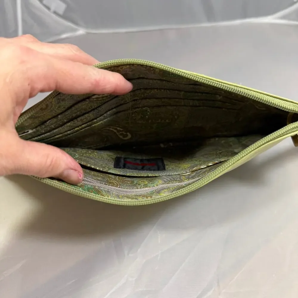 HOBO International Green Leather Wristlet Clutch Slim Zip Pouch